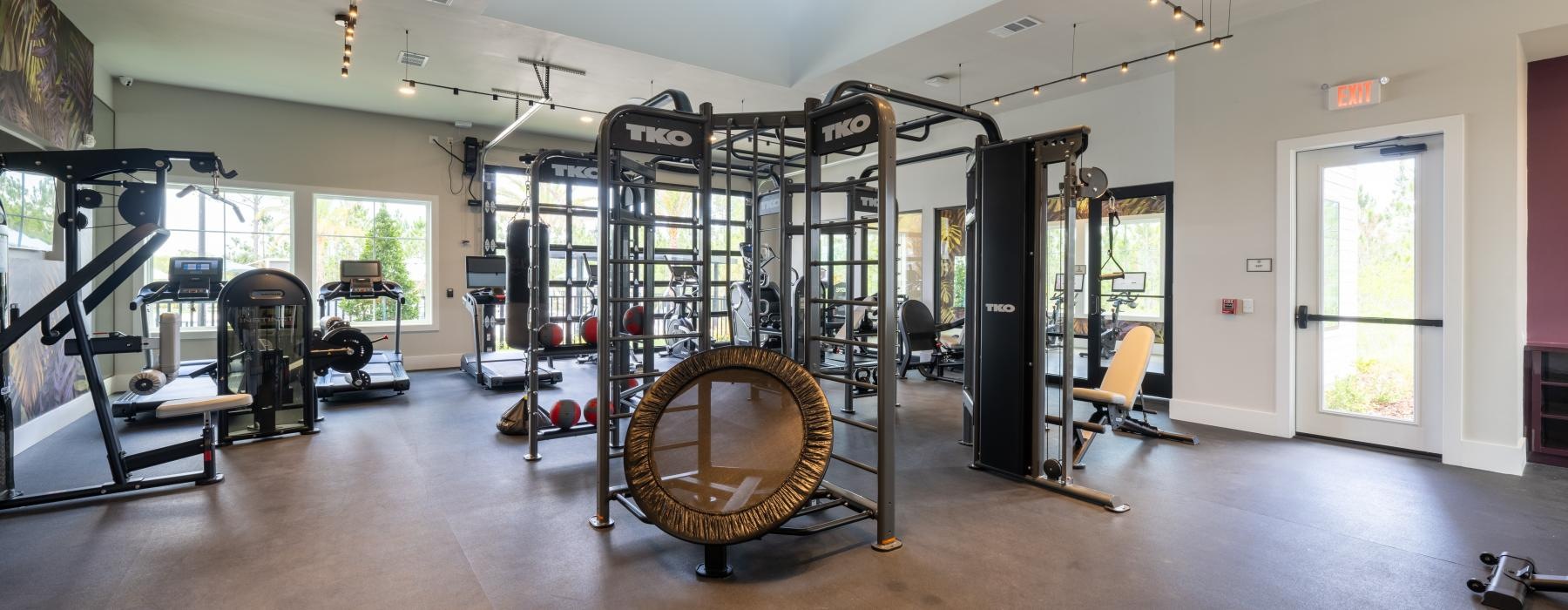 a gym with fitness equipent